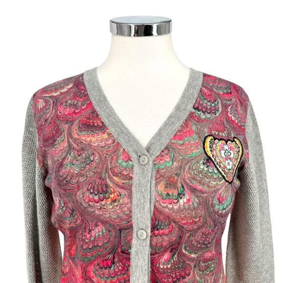 Desigual Printed Cardigan Heart Accent Sweater Sheer Back Size Medium - Picture 2 of 10